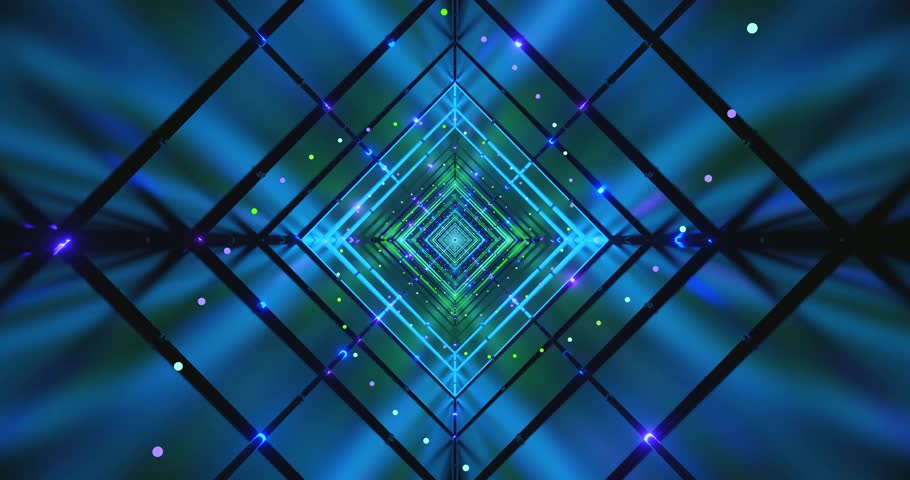 A blue and green luminous tunnel forming diamond-shaped grids with glowing dots and deep symmetry