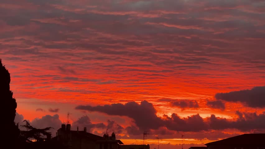 Orange and Red Sunrise Sky with Clouds and House Rooftops | Beautiful Morning Video