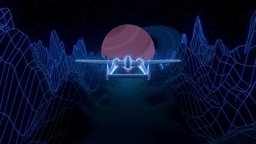 Retro-futuristic Spaceship Flying Over Neon Wireframe Mountains Towards a Ringed Planet in Seamless Loop - Powered by Shutterstock - Get 15% off with code: PIKWIZARD15