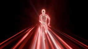 A vibrant red glowing human skeleton in a dynamic running pose, set against a dark background with abstract red light trails, symbolizing speed, health, technology, and medical innovation. - Powered by Shutterstock - Get 15% off with code: PIKWIZARD15