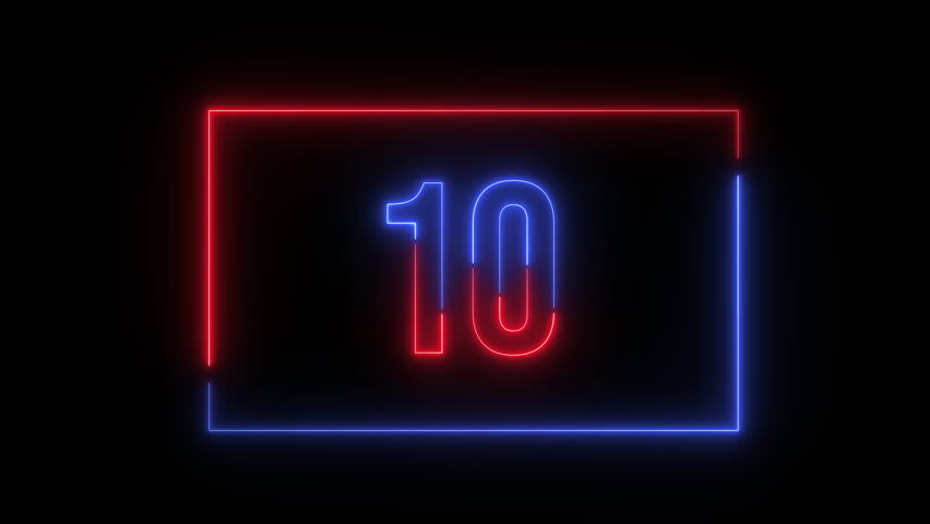 Glowing neon countdown animation from 10 to 0 on a black background. 10 second Countdown neon animation. Futuristic hud Countdown animation from 10 to 0 seconds. countdown timer animation