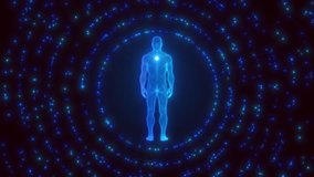 Futuristic Digital Human Wireframe On Glowing Tech Platform Ai, Metaverse, And Virtual Reality Concept. Futuristic Wireframe Human Hologram On Digital Tech Platform Ai, Virtual Reality Medical Innova - Powered by Shutterstock - Get 15% off with code: PIKWIZARD15