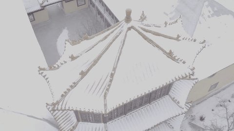 Aerial View Snowy Chinese Temple Roof D Log