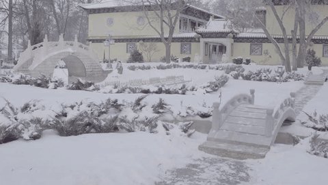 Aerial Shot Snowy Chinese Temple Bridge D Log