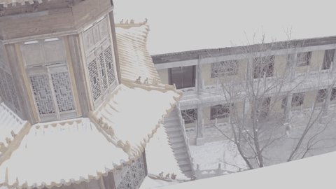 Aerial Shot Traditional Chinese Temple Courtyard Winter