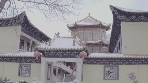 Drone View Chinese Temple Gate Snowy Roofs