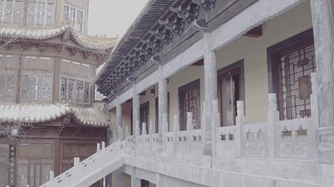 Aerial Shot Traditional Chinese Temple Corridor Winter