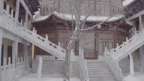 Drone View Central Chinese Temple Pavilion Snow