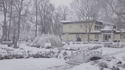 Drone View Snowy Chinese Garden Arched Bridges