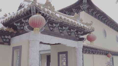 Aerial Shot Snowy Chinese Temple Entrance Red