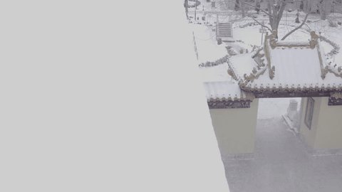 Drone View Snowy Entrance Gate Chinese Temple