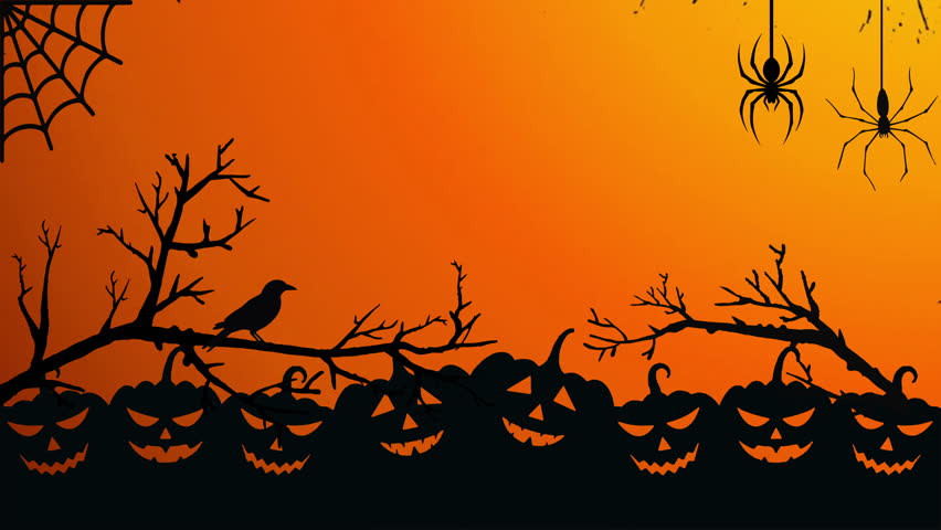 Halloween postcard with jack o lantern, spider and raven in orange background