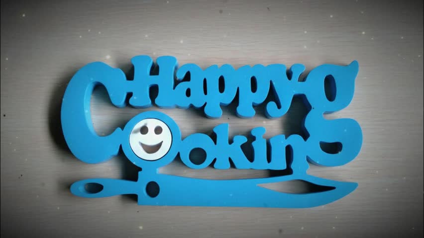 Happy Cooking intro or outro animation! Bright blue 3D text "Happy Cooking" with smiling chef knife logo. Perfect for food blogs, cooking shows, and culinary content. 4K available!