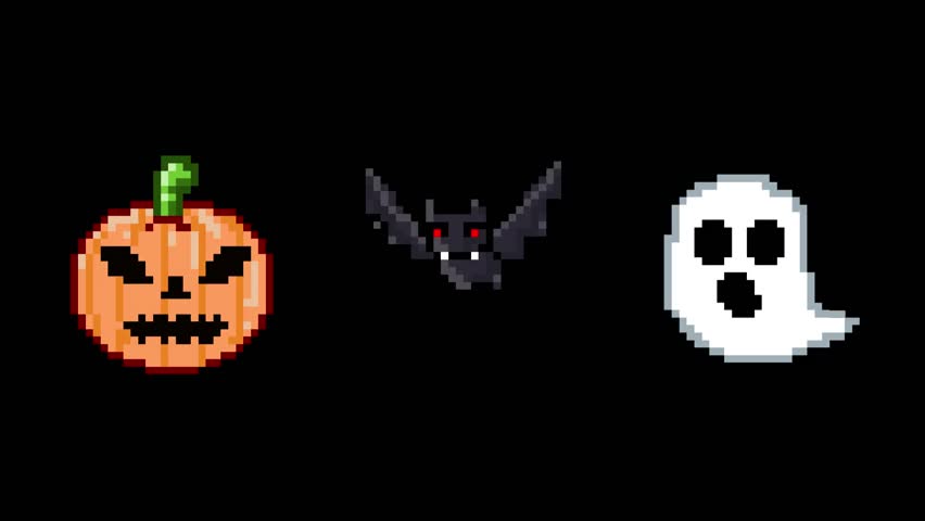 Halloween pixel art animation with a ghost, a bat and a pumpkin on a black background, art, vintage.
