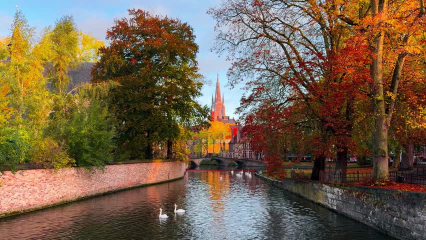 Medieval architecture on the autumn streets of historic center of Bruges, Belgium, October 20, 2025. High quality 4k footage
