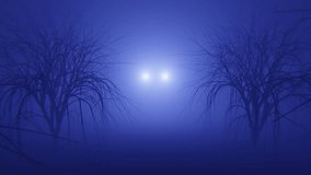 A seamless looping animation showing two glowing lights emerging through dense blue fog between eerie leafless trees, creating a surreal and atmospheric night scene - Powered by Shutterstock - Get 15% off with code: PIKWIZARD15