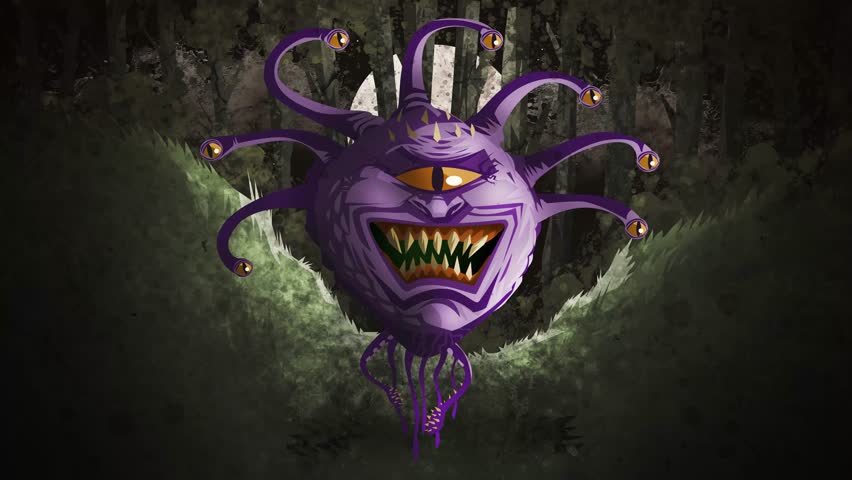 beholder monster floating with many eyes in the forest