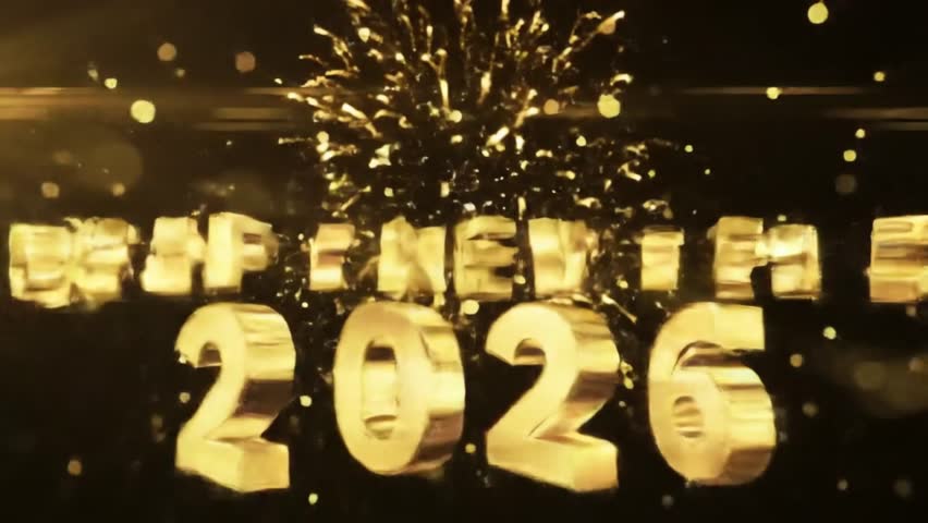 A cinematic animation with a golden whoosh revealing polished 3D text and a spectacular firework explosion. Perfect for an epic happy new year 2026 event opener