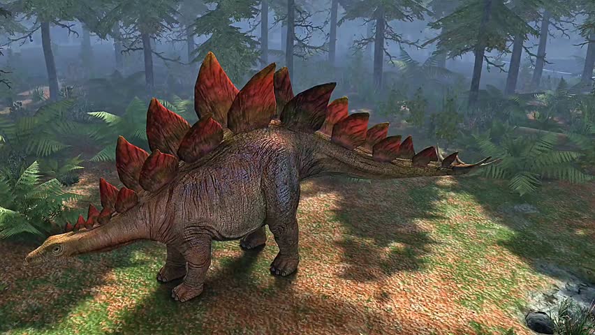 3D animation showing Stegosaurus in full-body view with dorsal plates, tail spikes, and skeletal structure