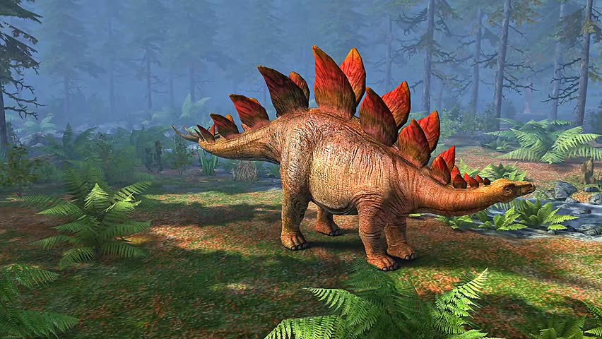 3D animation showing Stegosaurus with large dorsal plates, spiked tail, and full skeletal movement