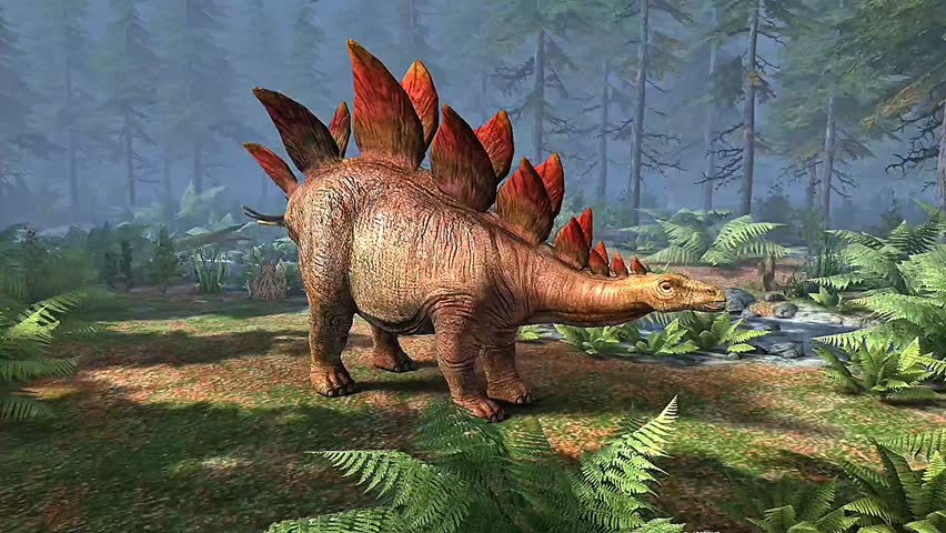 3D animation showing Stegosaurus with upright plates, spiked tail, herbivorous stance, and Jurassic habitat