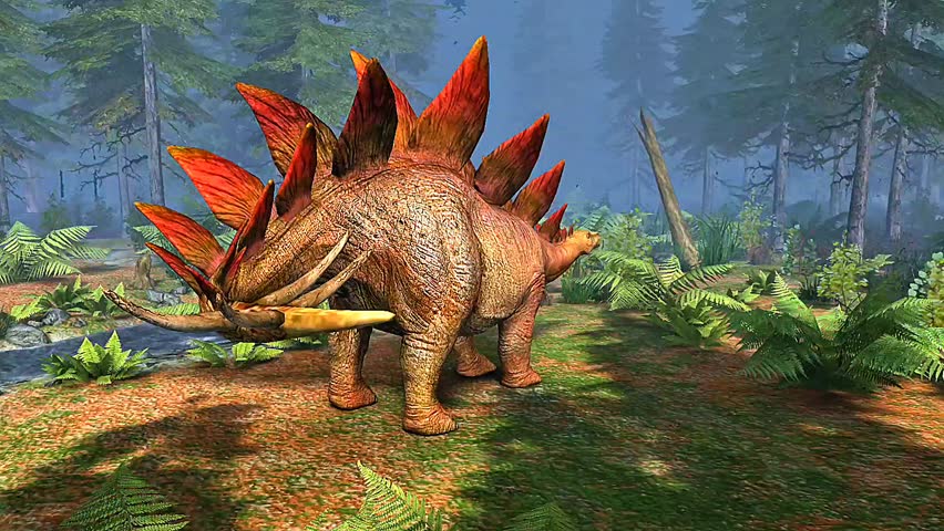 3D animation showing Stegosaurus tail movement with lateral swings, thagomizer spikes, and defensive posture