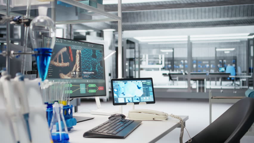 Tablet and PC in laboratory displays DNA visualization software used to process patient data for clinical research. Digital interface used for genetic analysis diagnostics in laboratory, jib down shot - Powered by Shutterstock - Get 15% off with code: PIKWIZARD15