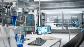 Tablet and PC in laboratory displays DNA visualization software used to process patient data for clinical research. Digital interface used for genetic analysis diagnostics in laboratory, jib down shot - Powered by Shutterstock - Get 15% off with code: PIKWIZARD15