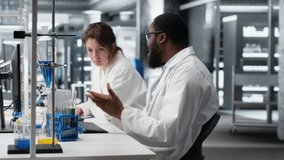 Lab chemists inspect liquids in test tube, looking for breakthroughs during clinical trials. Team of research facility professionals at workbench comparing chemicals vials, testing formula, camera B - Powered by Shutterstock - Get 15% off with code: PIKWIZARD15