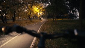 POV. Night Cycling on an Illuminated Autumn Path. Sport and Healthy Lifestyle. - Powered by Shutterstock - Get 15% off with code: PIKWIZARD15