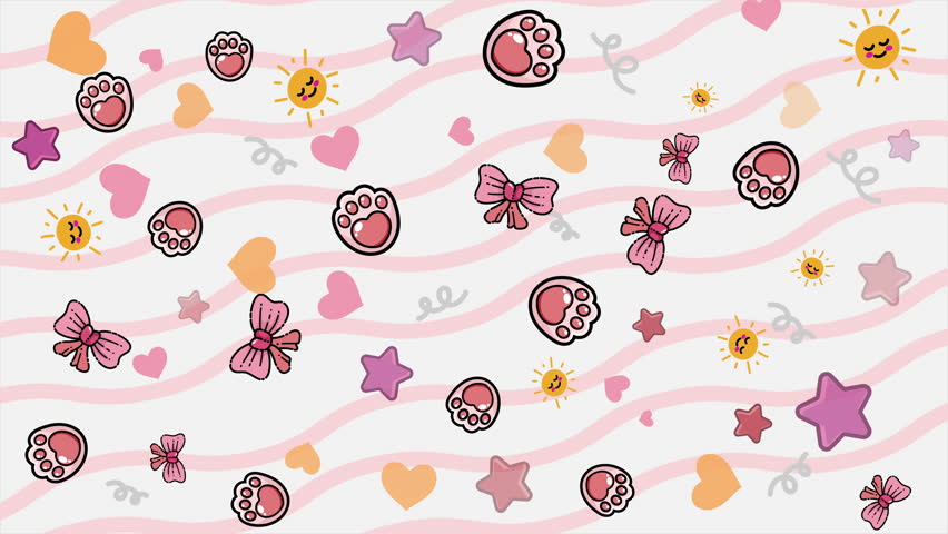 Animated pink wavy background with paw prints, ribbons, stars, hearts, and sunshine icons. Energetic and playful seamless motion suitable for pet shop promotions or childrens product