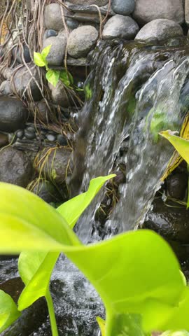 Close Up Clear Waterfall Flowing Over Natural River Stones Surrounded By Green Tropical Plants
