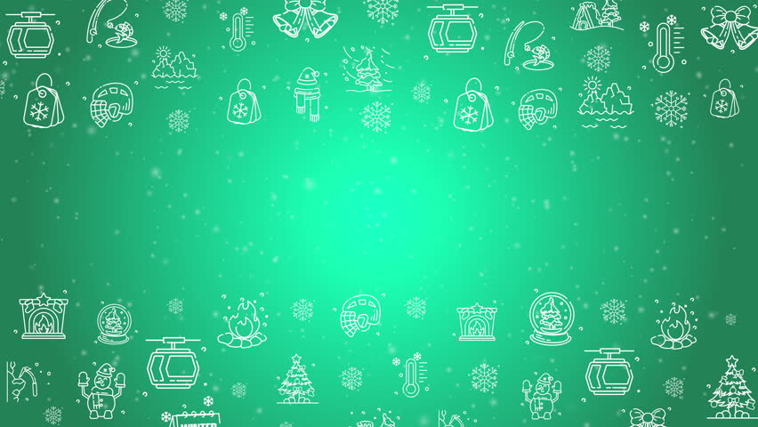 Doodle winter holiday icons line art seamless pattern with particles on a green background
