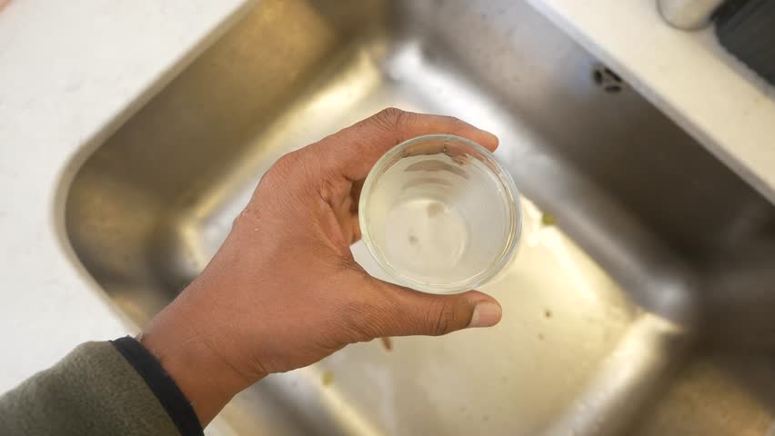 Holding a glass of dirty water over a kitchen sink 
