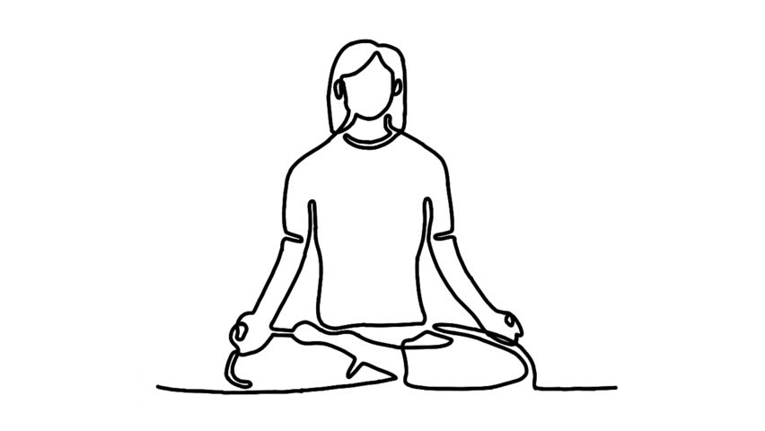 Continue line animation of woman sitting cross legged on floor and meditating