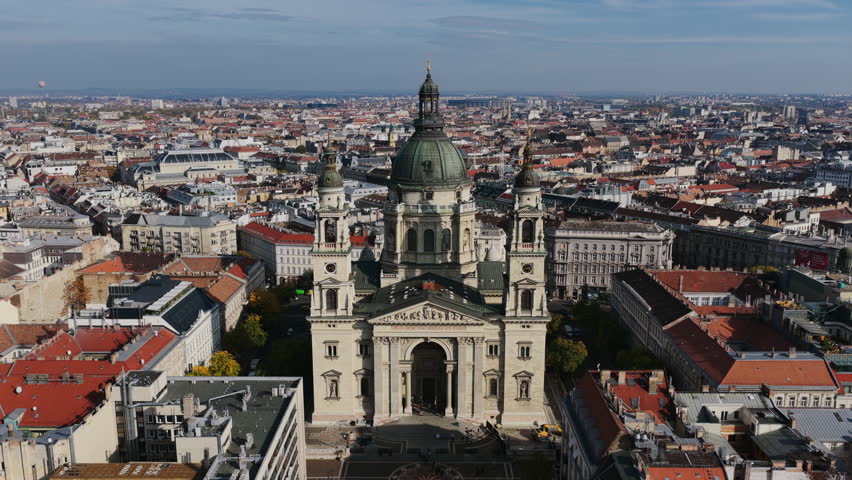 Majestic aerial shot of St. Stephen’s Basilica, Budapest’s iconic domed cathedral rising among the city’s classic rooftops.