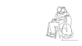 Animation of continuous one line drawing Arab woman in wheelchair after car accident and her husband to give encouragement. Mutual care. Single line self drawing animated. Full length motion - Powered by Shutterstock - Get 15% off with code: PIKWIZARD15