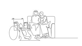 Animation of single one line drawing Arabian woman comforting injured disabled husband tell diagnosis help with disability problem talk. Continuous line self drawing animated. Full length motion - Powered by Shutterstock - Get 15% off with code: PIKWIZARD15