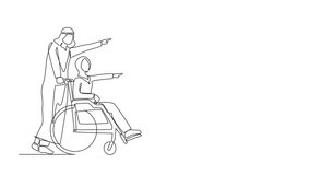 Animated self drawing of single continuous line drawing happy Arabian wife have fun outdoor. Caregiver man pushing woman on wheelchair, enjoy health care activity. Full length single line animation - Powered by Shutterstock - Get 15% off with code: PIKWIZARD15