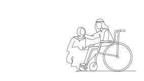 Animation of one line drawing Arab woman kneeling before man in wheelchair. Disabled man in wheelchair holding wife head in hospital ward. Continuous line self drawing animated. Full length motion - Powered by Shutterstock - Get 15% off with code: PIKWIZARD15