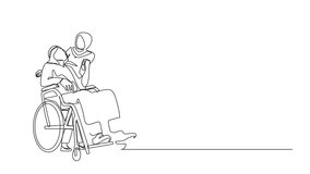 Animated self drawing of continuous one line drawing Arabian wife embracing disabled husband sitting on wheelchair. Couple. Woman holding hands of disable man. Full length single line animation - Powered by Shutterstock - Get 15% off with code: PIKWIZARD15