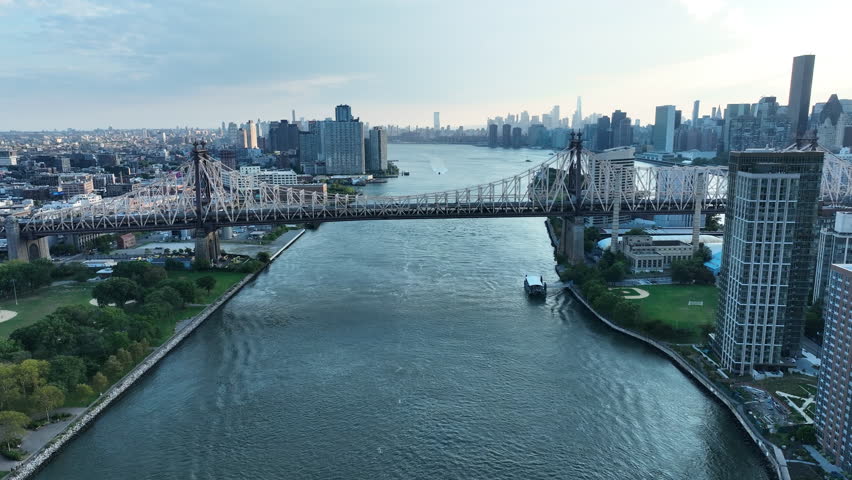 Ed Koch Queensboro Bridge Over The East River In New York City, United States. Aerial Drone Shot