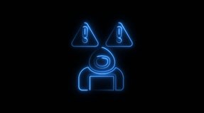 Neon hacker icon with warning signs cybersecurity threat alert digital danger concept abstract blue glow on black background - Powered by Shutterstock - Get 15% off with code: PIKWIZARD15