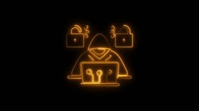 Hacker silhouette with laptop and unlocked padlocks neon glow cyber security concept digital crime data breach network intrusion dark background - Powered by Shutterstock - Get 15% off with code: PIKWIZARD15