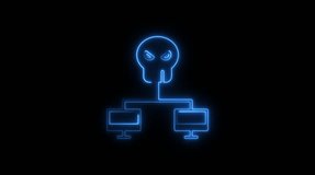 Neon Skull Network Threat Cyber Attack Digital Crime Concept Blue Glow on Black Background hacking computer - Powered by Shutterstock - Get 15% off with code: PIKWIZARD15