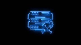 Neon blue server rack and skull icon glowing on black background representing cyber attack data breach network security threat danger warning concept - Powered by Shutterstock - Get 15% off with code: PIKWIZARD15