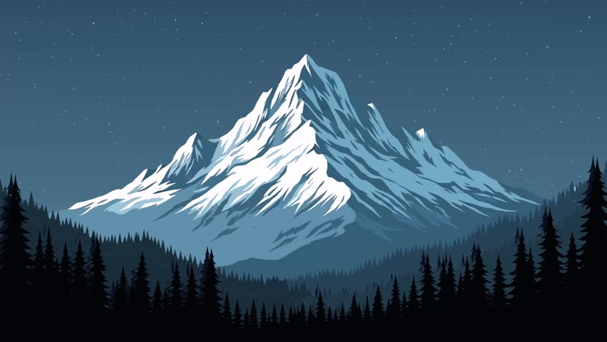 powerful animated illustration showcasing a single, jagged, snow-covered mountain peak dominating the scene under a dark blue, starry night sky.
