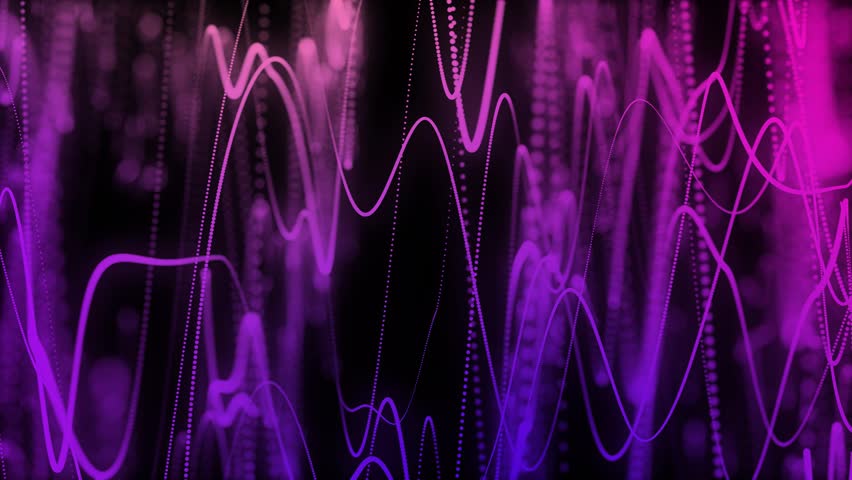 Looping visual of neon pink and purple audio waves
