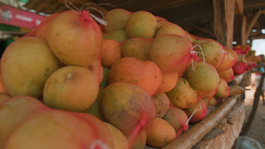 Close-up of mangoes in fruit nets on makeshift stall. Slow motion.