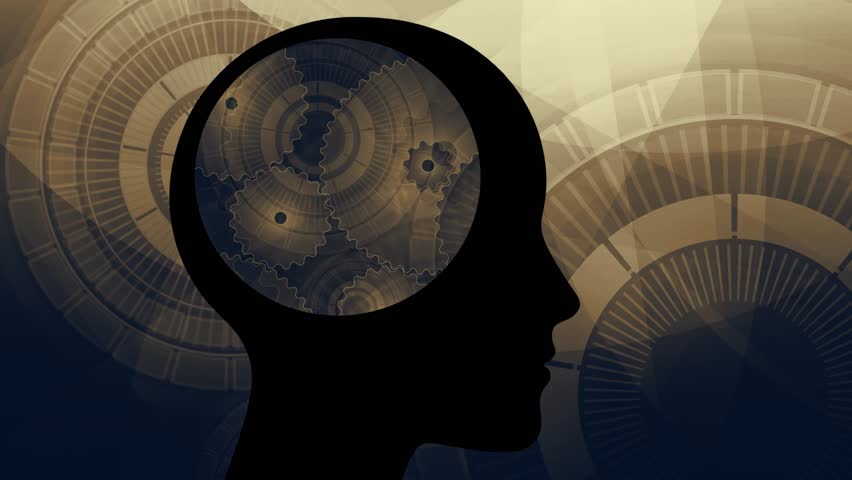 human head silhouette, artificial intellgence with complex golden mechanical gears and cogs turning inside the brain area, thinking machine with clockwork parts, loopable ai conceptual animation
